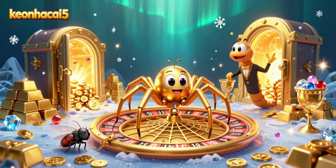 Place bets at keonhacai5 with a cartoon spider spinning a golden roulette wheel in a lively casino scene.