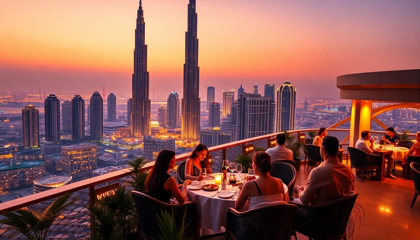 Enjoy a luxurious dining experience while you Travel to Dubai, overlooking the iconic skyline at sunset.
