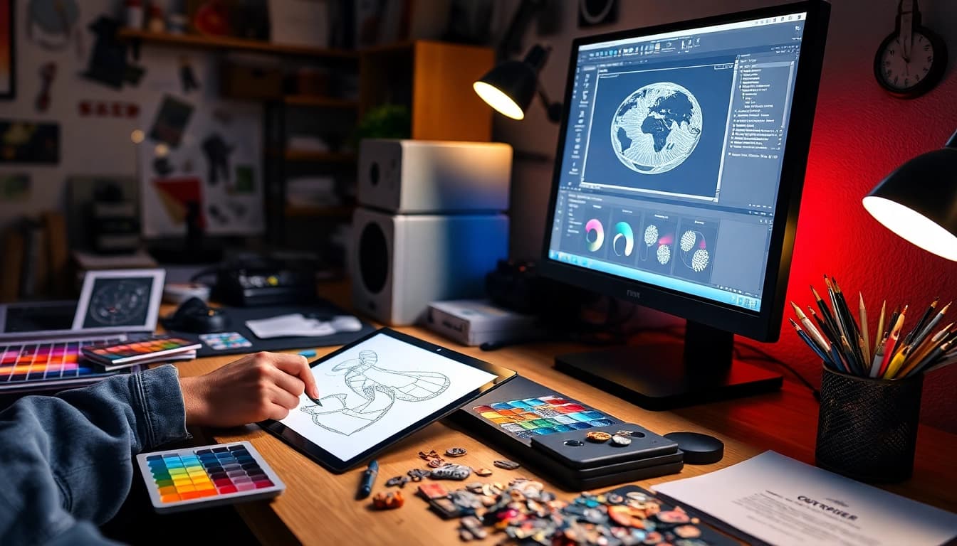 Creative workspace illustrating the design of custom pins with colorful palettes and artistic tools.