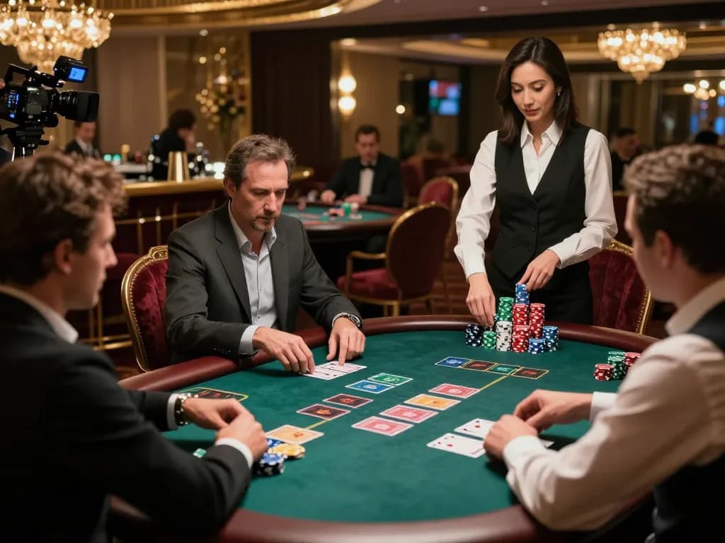Players strategically placing bets at a blackjack table in an upscale casino, showcasing u888 com
