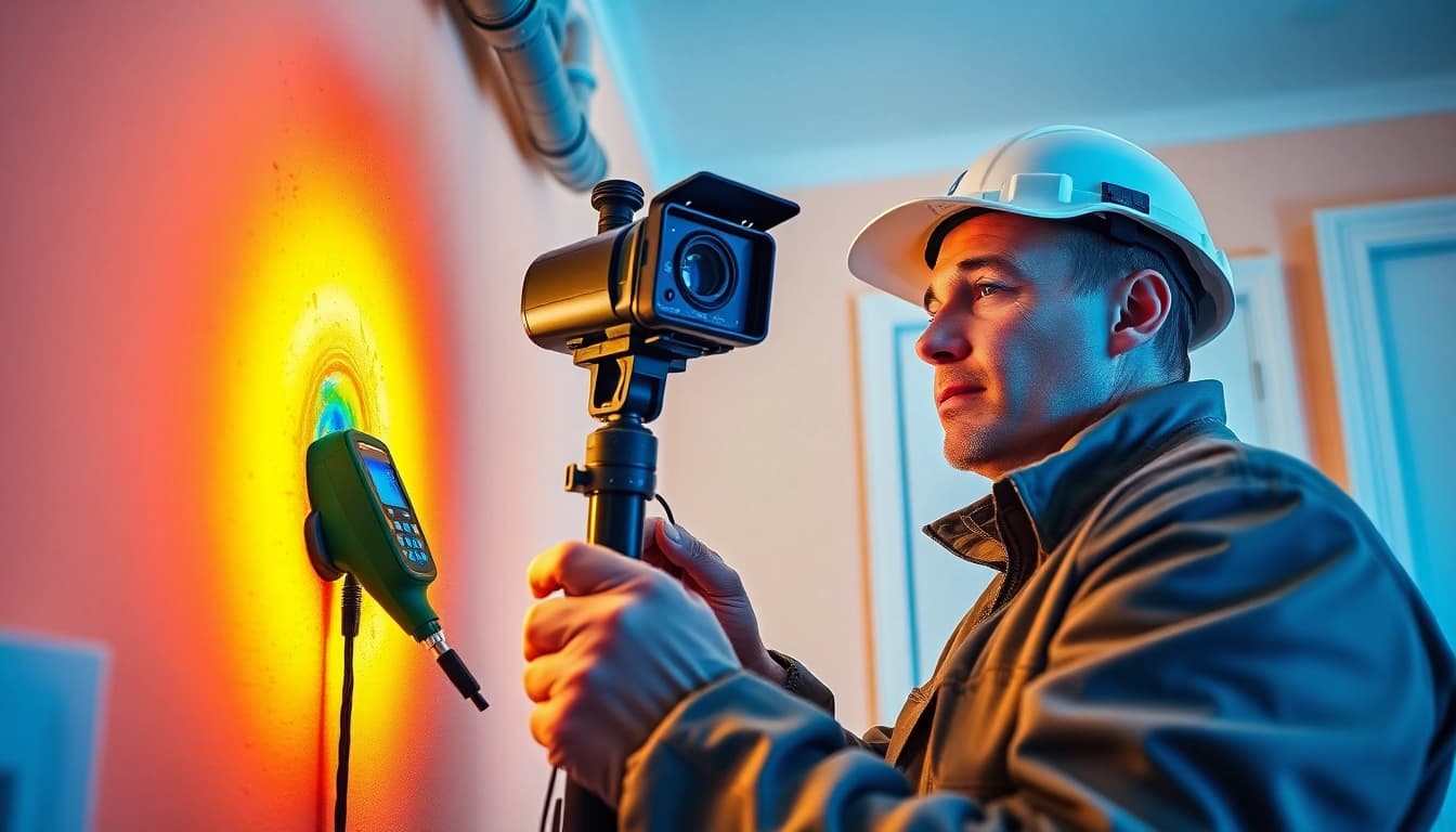Leak detection technician using advanced thermal imaging technology to locate hidden water leaks in a home.
