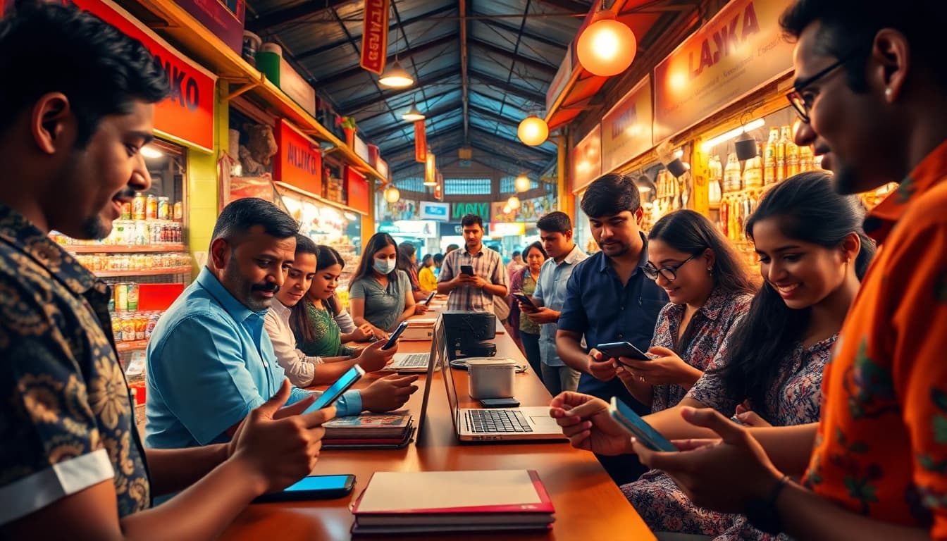 Lanka Add advertisement marketplace scene with diverse users engaging on digital platforms.