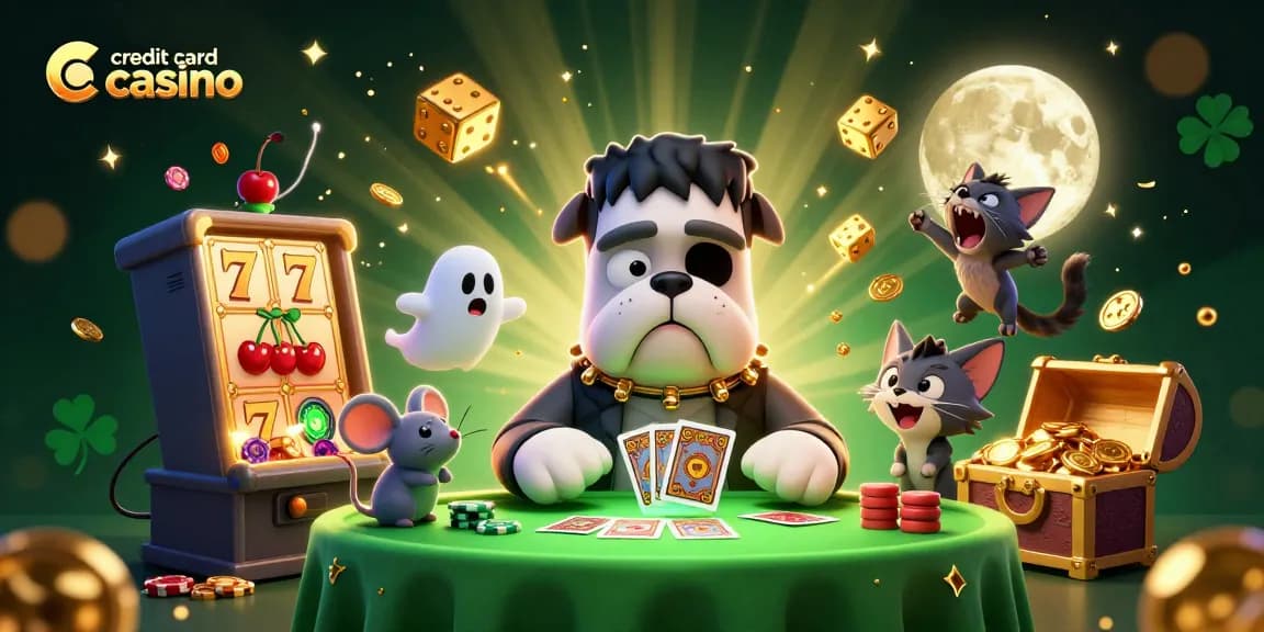 Experience the exciting action at a credit card casino with a quirky dog dealer, ghost mouse, and jackpots!