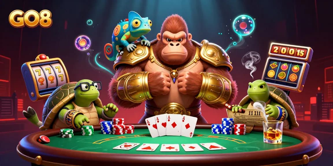 Engage in gaming adventures at GO8 with a captivating battle between powerful characters in an exciting casino scene.