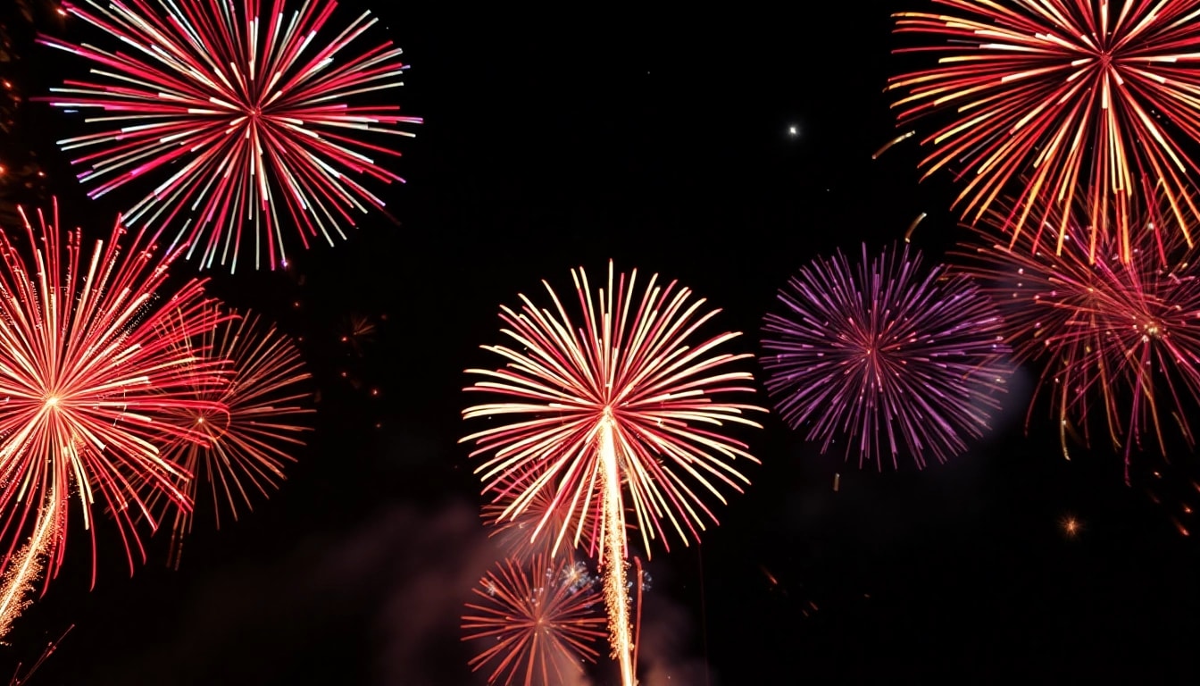 Spectacular wholesale fireworks bursting in vibrant colors against a night sky backdrop.