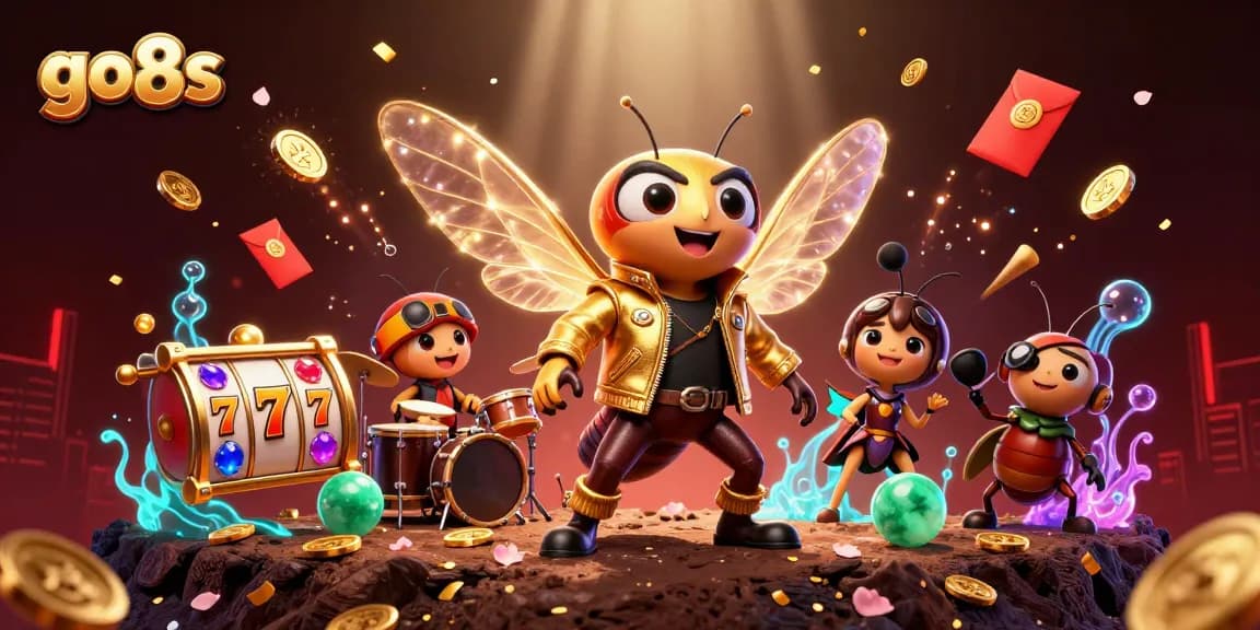 Go8s rock star celebrates dynamic slots scene with vivid fireworks and animated coins.