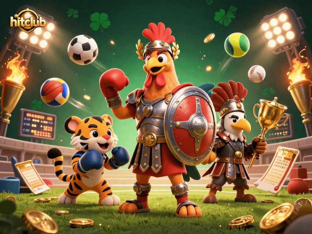 Experience hitclub sports betting excitement with a dynamic 3D illustration featuring a gladiator rooster and sports elements.
