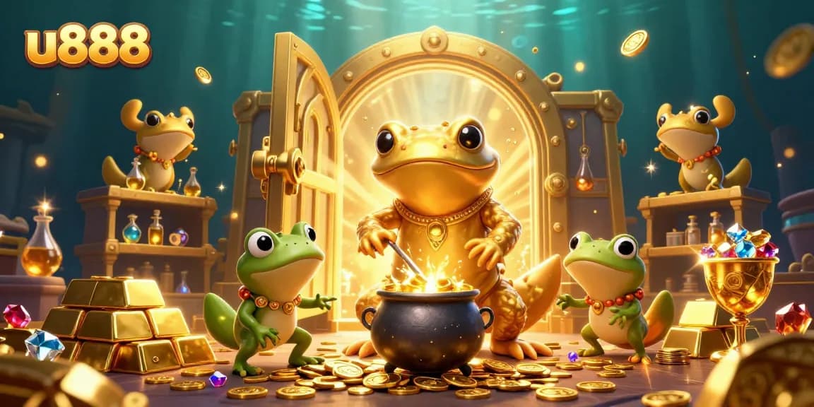 Experience u888 with golden games and alchemy in a rich, animated scene filled with treasures.