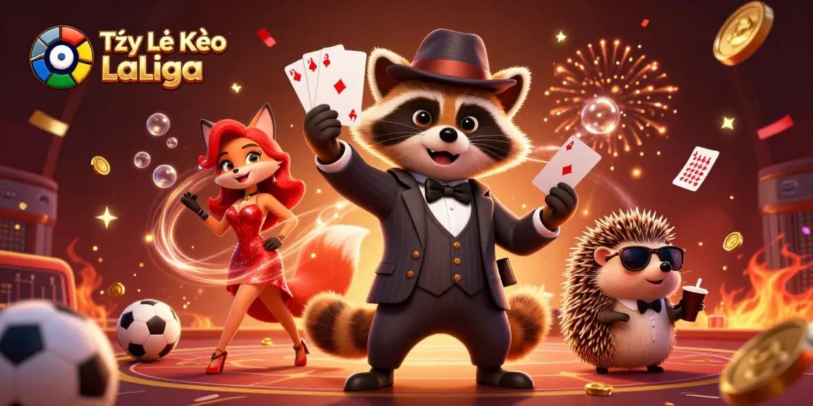 Bet on Tỷ Lệ Kèo La Liga with a suave raccoon, fox lady, and hedgehog amidst dynamic game elements.