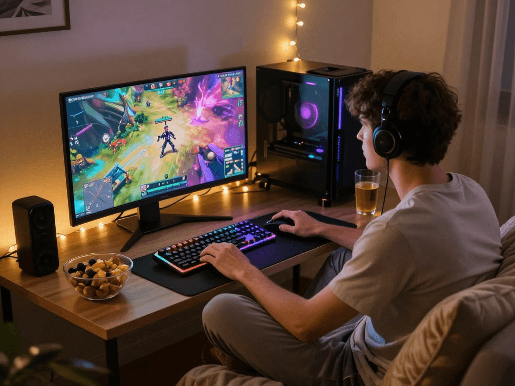 Engaging scene of a player enjoying porn games in a cozy room environment.