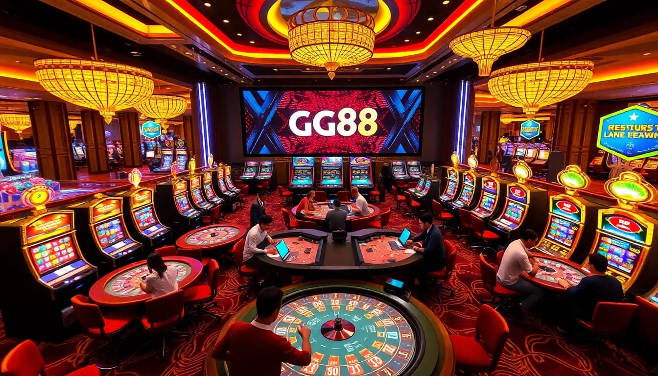 Experience the excitement of Gg88 Tech at a lavish casino with dynamic gaming tables and vibrant slot machines.