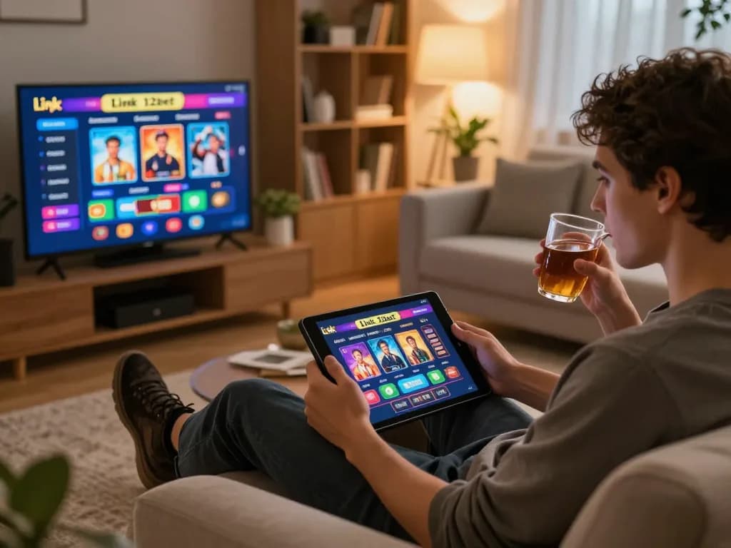 Người tham gia sử dụng Link 12bet trên máy tính bảng trong không gian gia đình thoải mái, nhấn mạnh việc đánh bạc có trách nhiệm