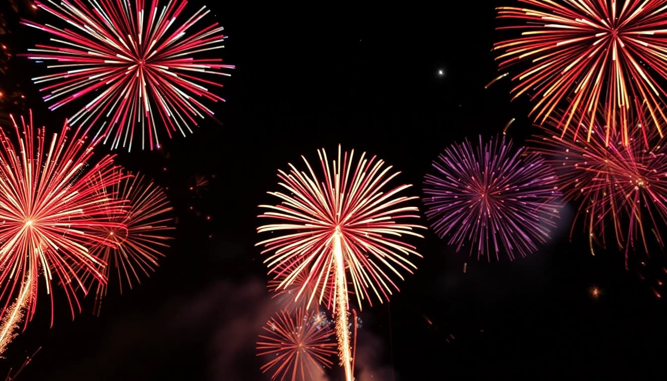 Spectacular wholesale fireworks bursting in vibrant colors against a night sky backdrop.