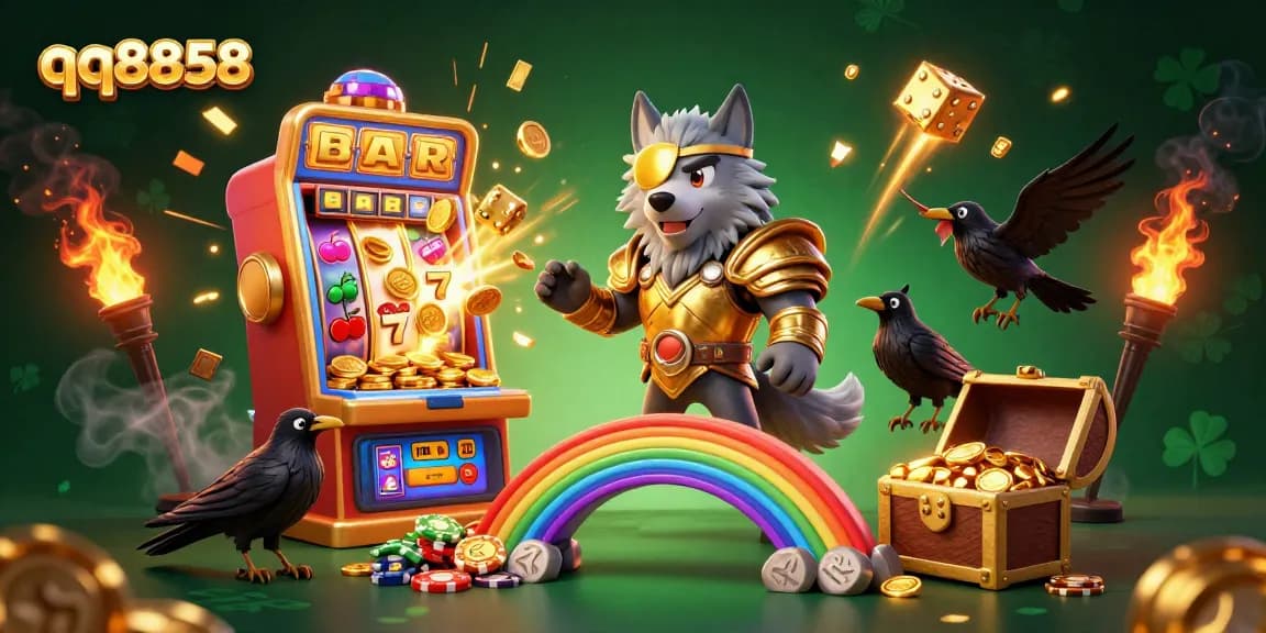 Experience thrill at qq8858 with a vivid 3D illustration showcasing Odin and ravens amidst a vibrant casino backdrop.