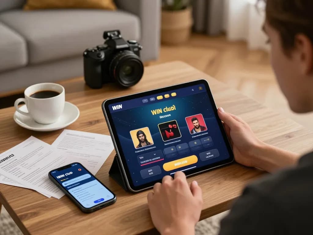 Engaging with IWIN club app on tablet in a cozy home setting, promoting responsible gaming.