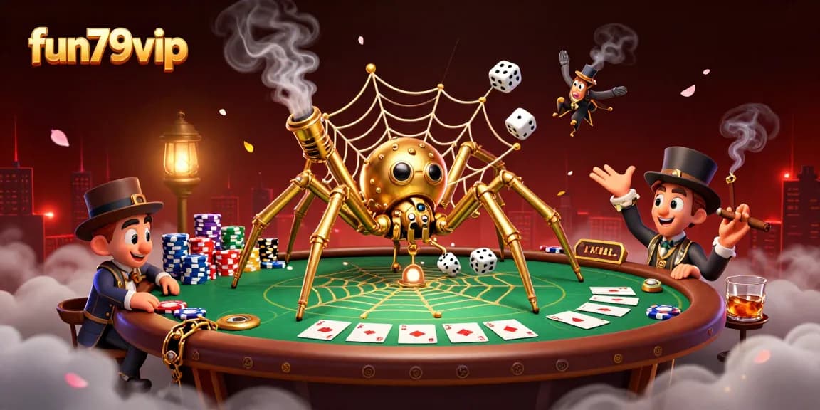 Experience fun79vip gameplay with a steampunk spider capturing dice in a vibrant casino scene.