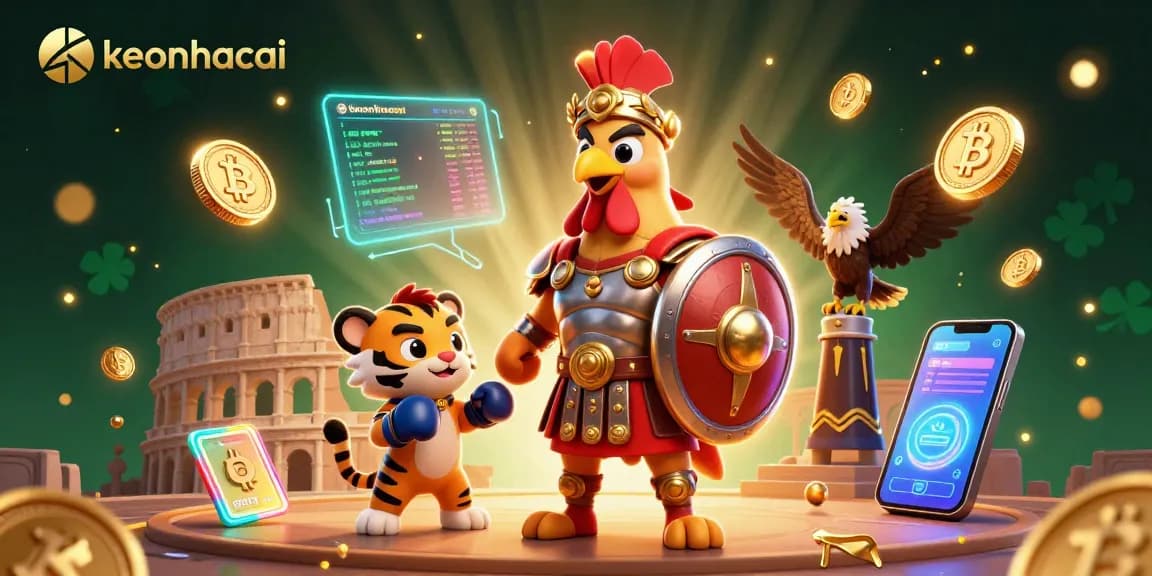 Engage with keonhacai through an energetic 3D illustration of a rooster and crypto elements.