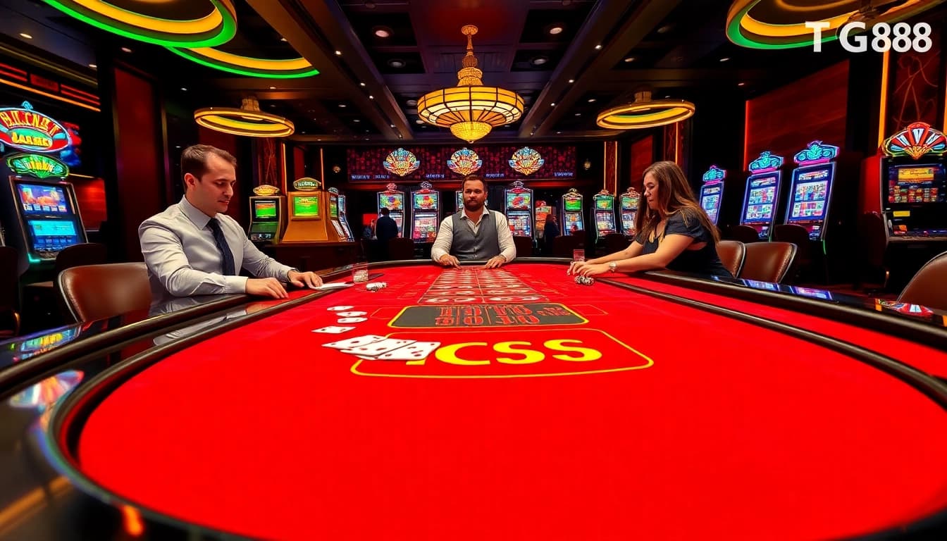Players enjoying their game at TG88's vibrant casino table with excitement and energy.