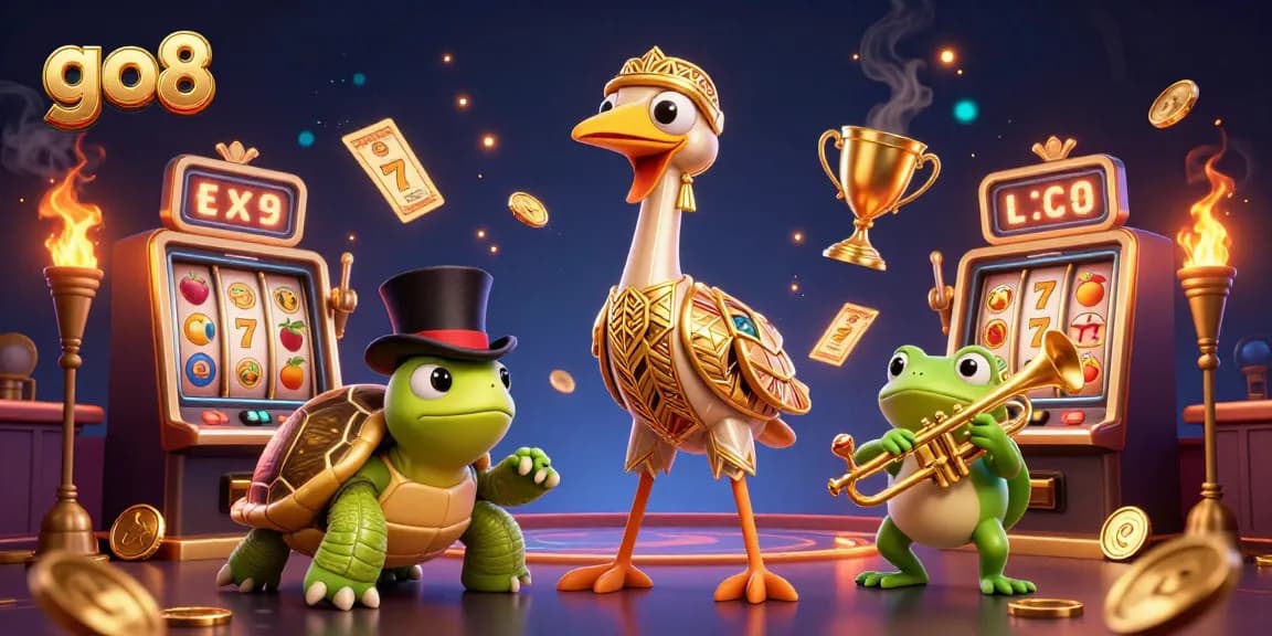 Engage with go8's exciting slot machines and lucky symbols in a vibrant 3D casino scene.