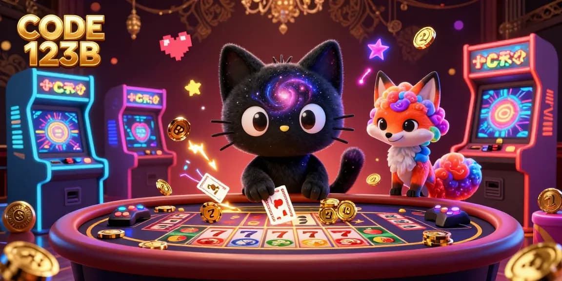 Join the cosmic casino adventure of CODE 123B featuring a black hole cat captivating cards and chips.