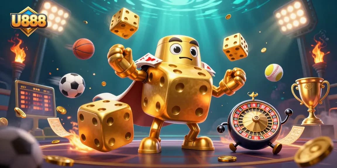 U888 showcases a dynamic scene with a golden dice golem, juggling dice and sports balls, engaging gamblers.