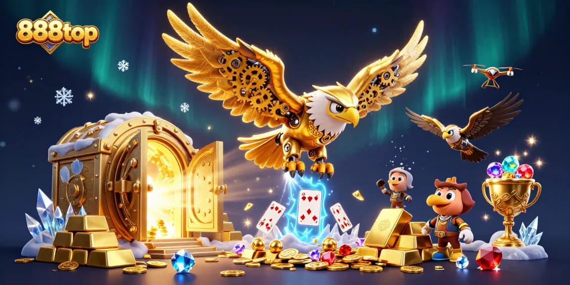 Experience the thrill of 888top with a golden eagle soaring over shimmering treasures and holographic cards.