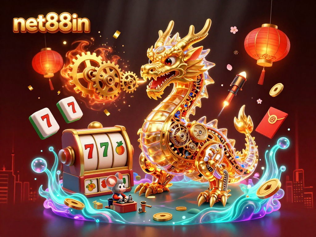 Experience the thrill of gaming with net88in's vibrant 3D dragon casino scene showcasing slot symbols and luxurious designs.