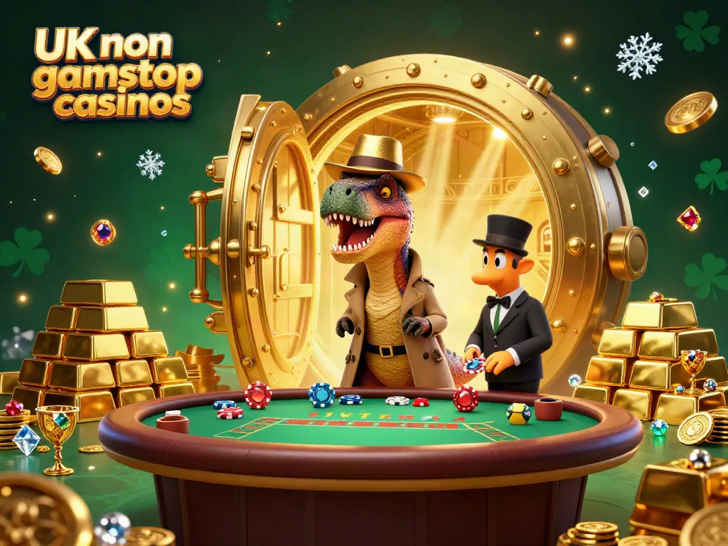 Engage in thrilling action at UK non gamstop casinos with cartoon dinosaur characters at a blackjack table.