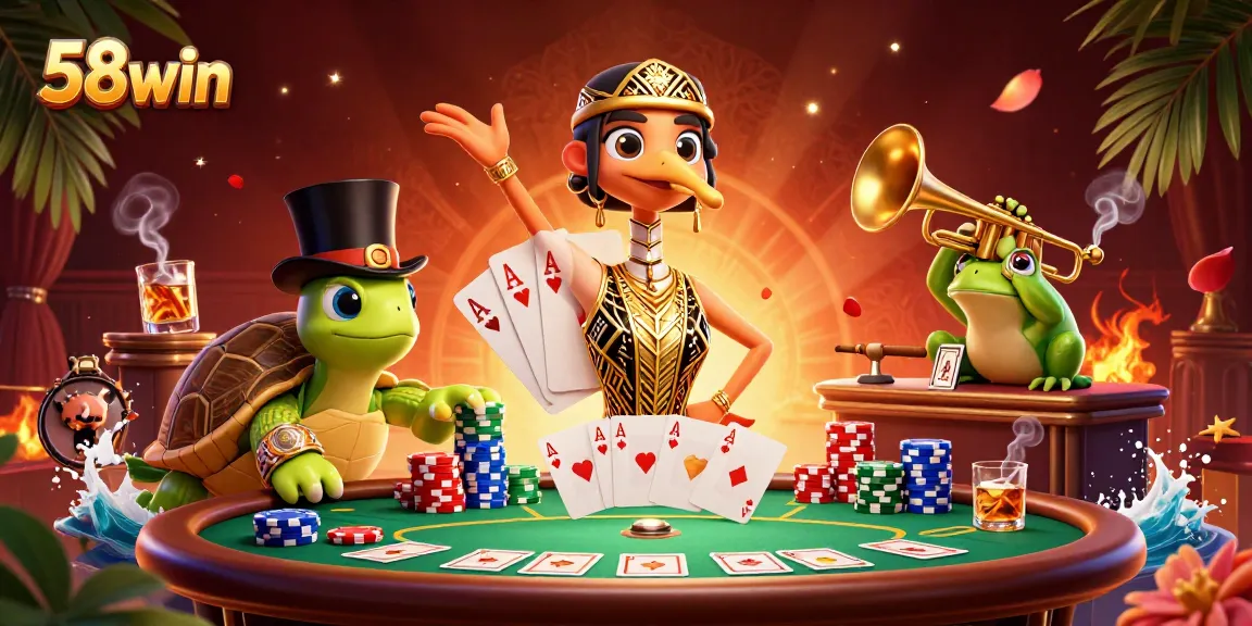Engage with 58win's thrilling card game scene featuring vibrant casino characters and poker elements.