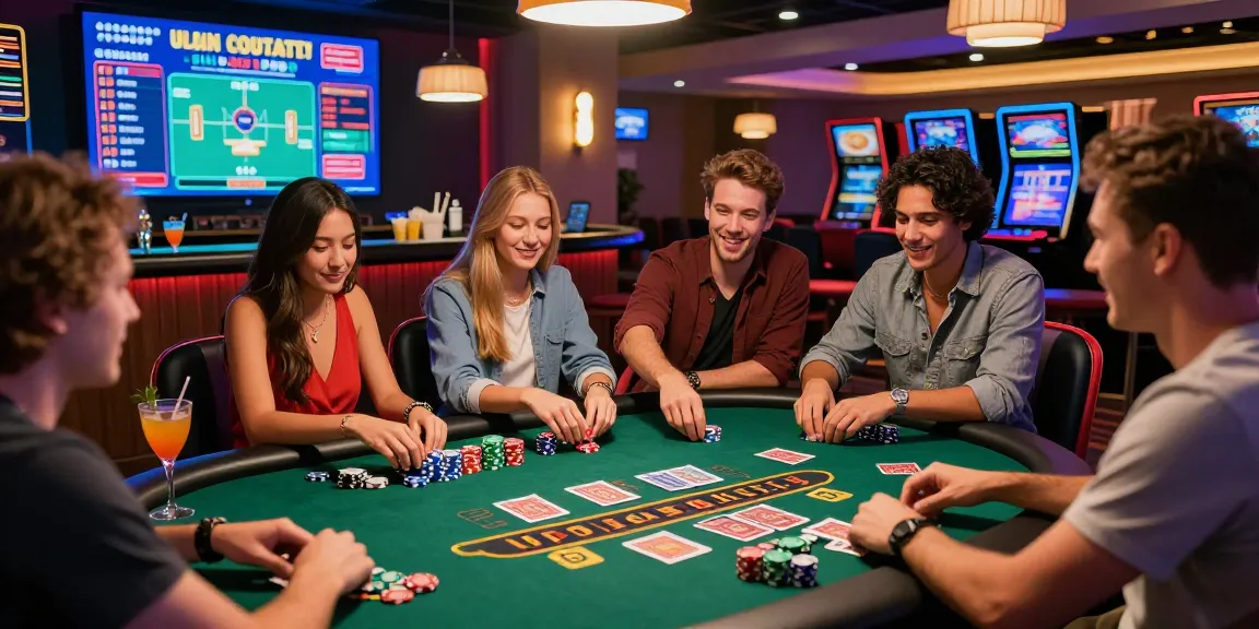Engaging USA online casinos gaming scene with players enjoying blackjack, vibrant atmosphere and modern decor
