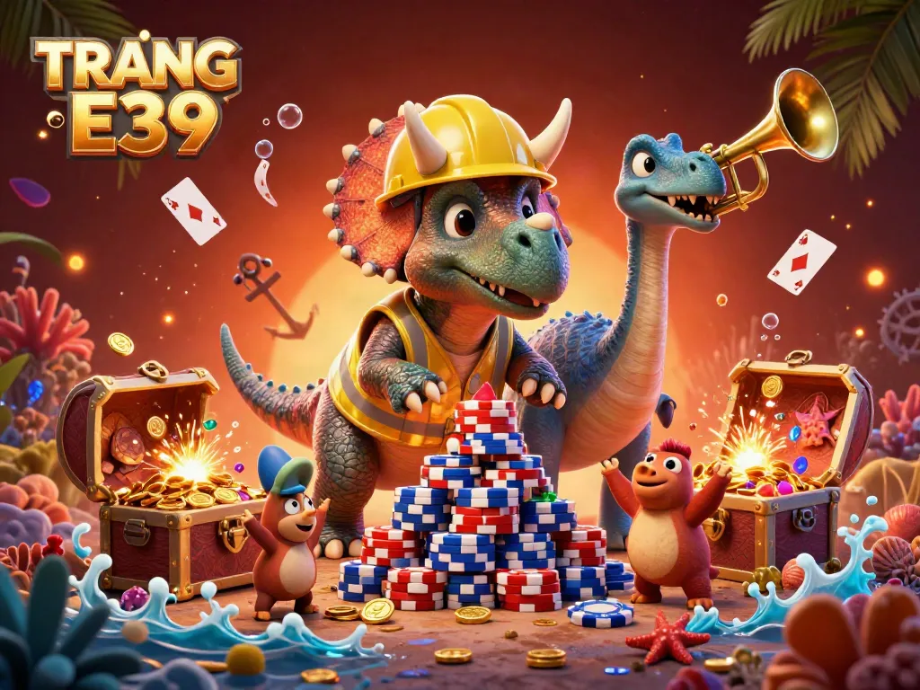 Engage with TRANG CHỦ E39 as lively characters cheer with poker chips and glowing treasures in a festive casino scene.