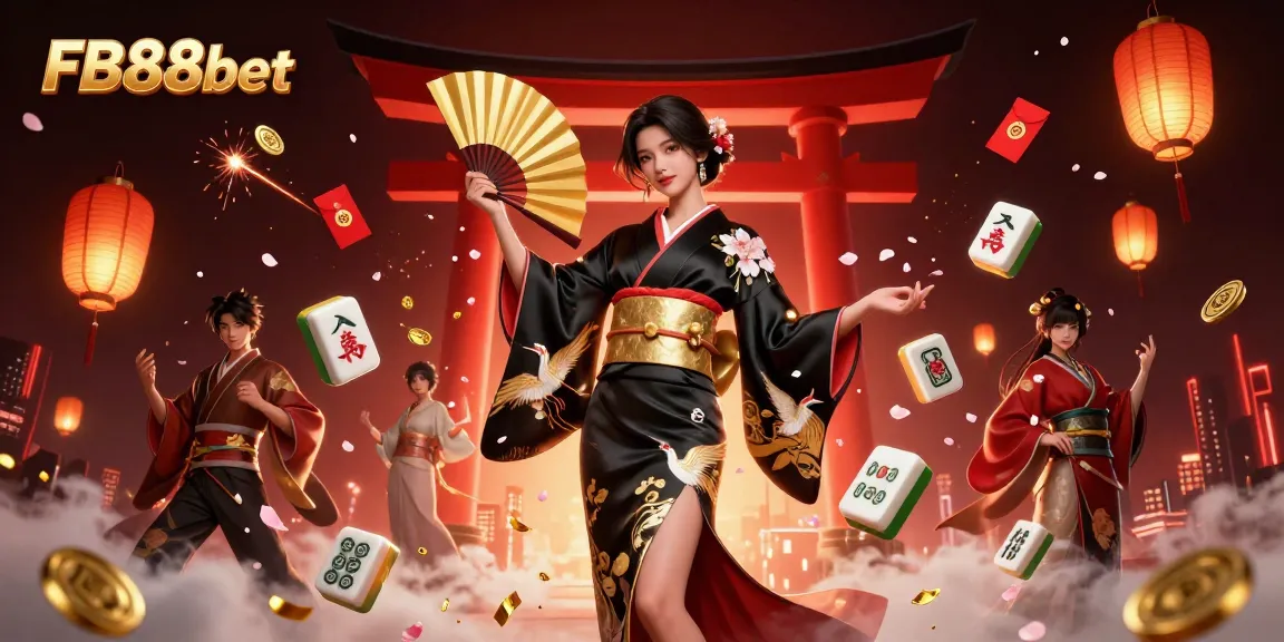Engage with FB88bet's vibrant gaming scene featuring a poised woman in a kimono with casino elements.