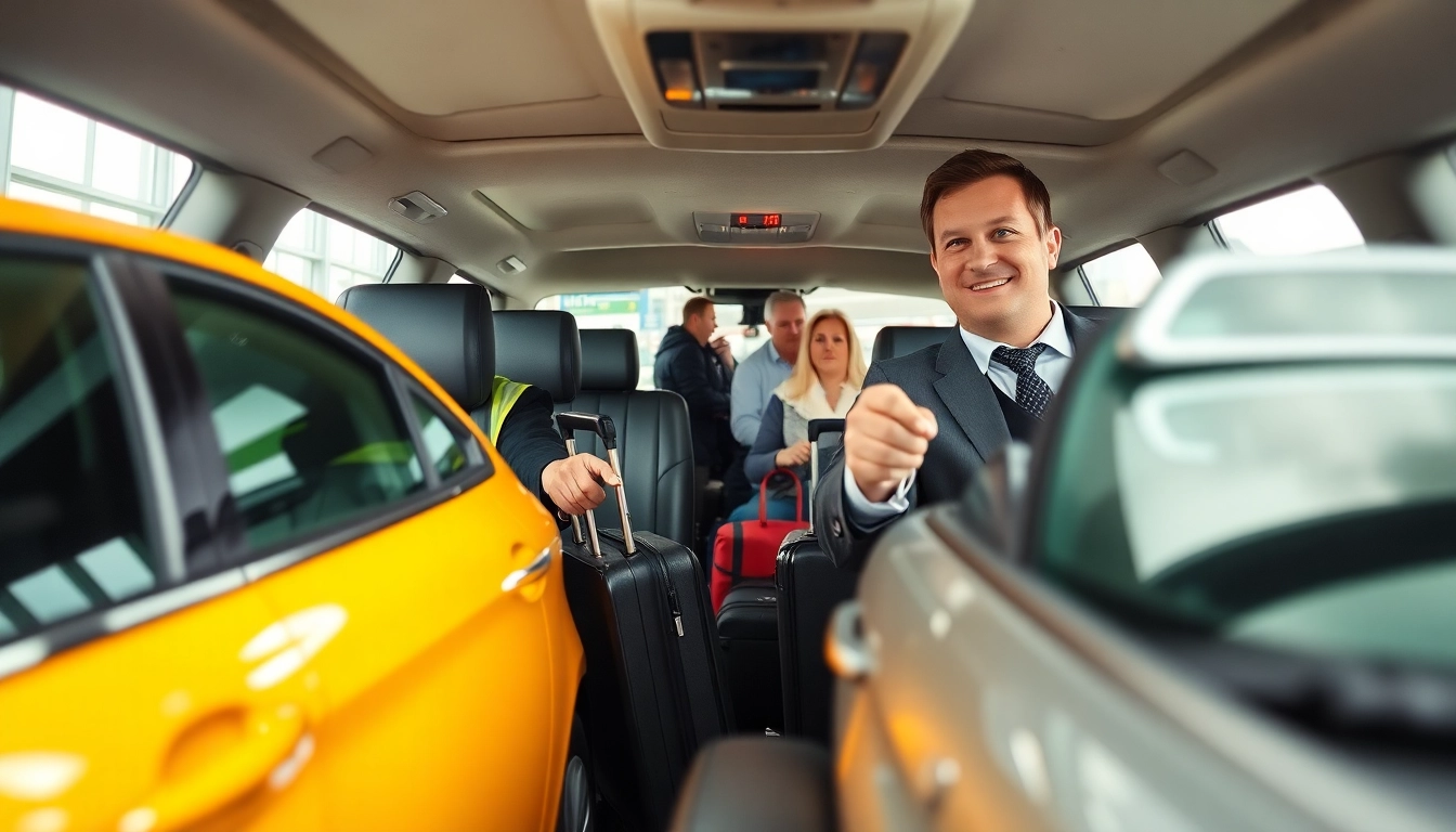 Taxi service at Gatwick Airport assisting travelers with luggage.