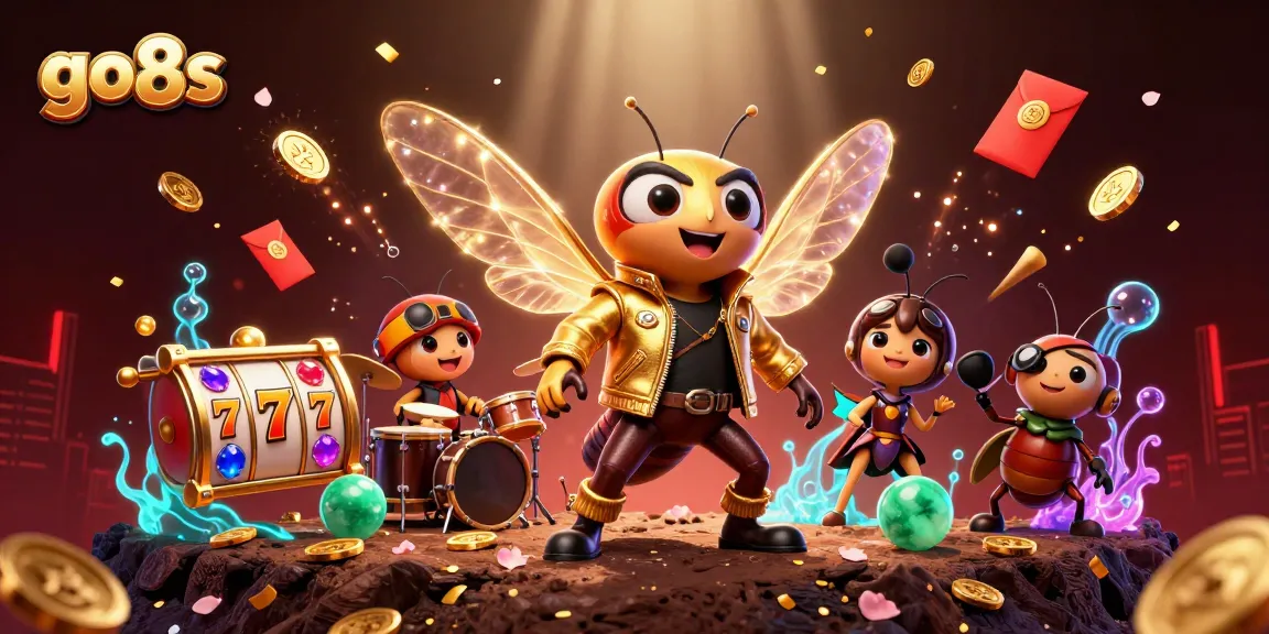 Go8s rock star celebrates dynamic slots scene with vivid fireworks and animated coins.