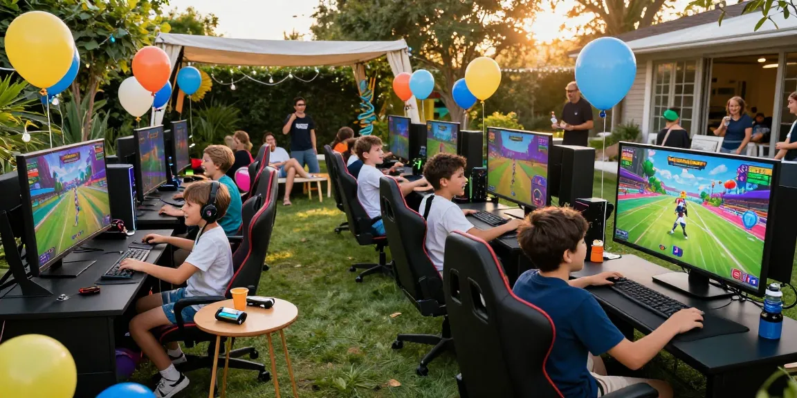 Gaming party London scene with kids enjoying video games outdoors, lively atmosphere and colorful decorations.