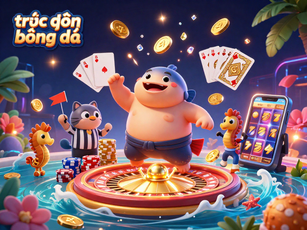 Experience trực tiếp bóng đá with vivid characters and dazzling casino elements in a vibrant illustration.