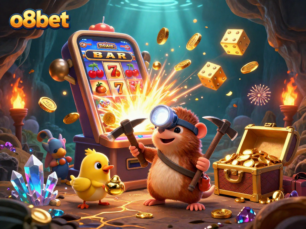 Join the adventure at o8bet with the treasure hunter and jackpot slot machine in the vibrant casino scene.