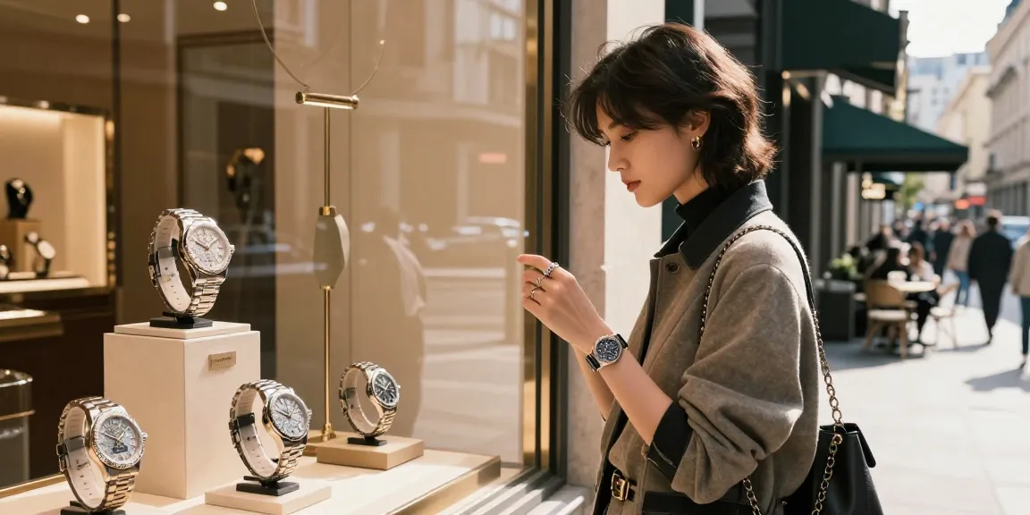 Admiring high-end clone watches in a luxury store setting.