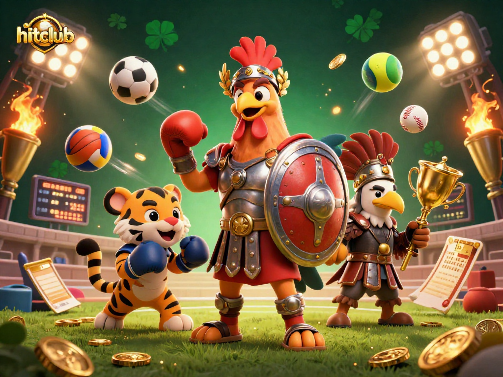 Experience hitclub sports betting excitement with a dynamic 3D illustration featuring a gladiator rooster and sports elements.