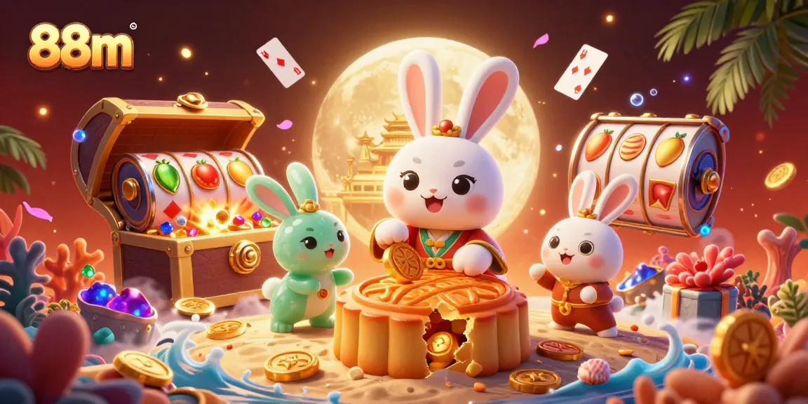 Engage in gaming fun with 88m, where vibrant characters celebrate with casino treasures on a luminous lunar backdrop.