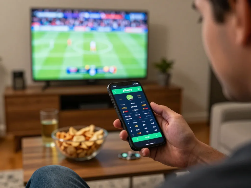 Player using phtaya app for sports betting at home, vibrant atmosphere filled with excitement.