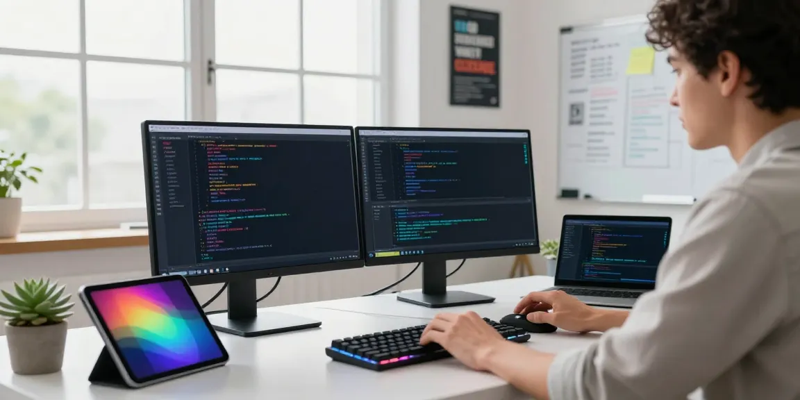 Developer in a tech workspace focused on instant indexing solutions with dual monitors and coding interfaces.
