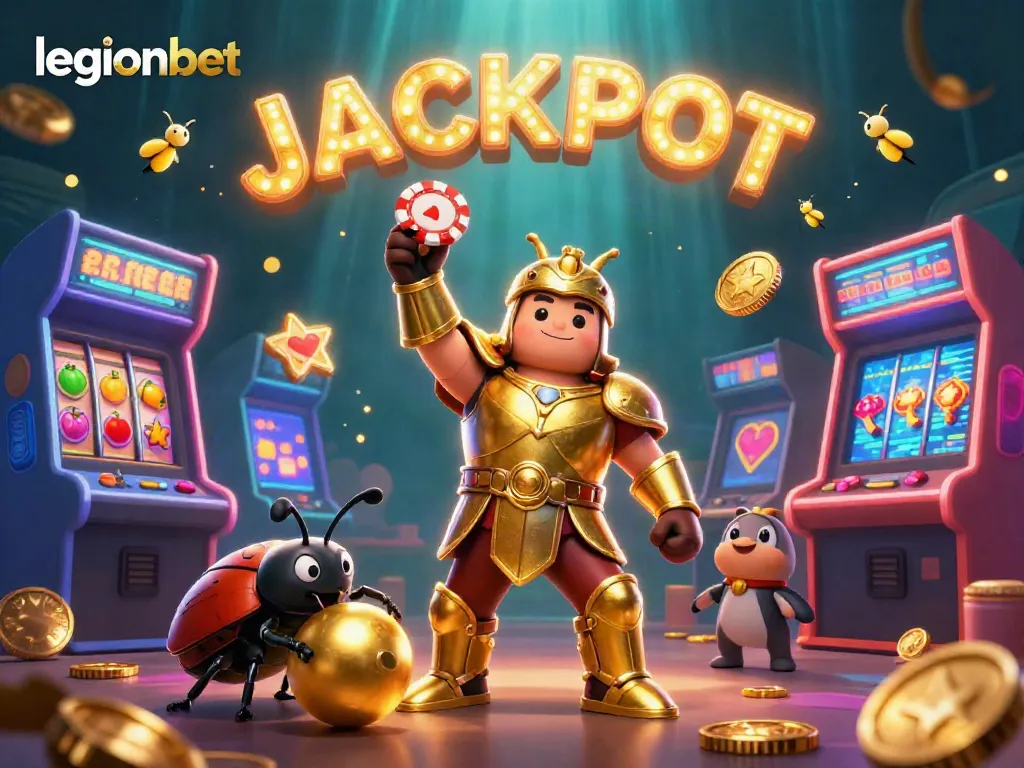 Experience excitement with legionbet as the hercules beetle celebrates a big win amidst vibrant casino symbols.