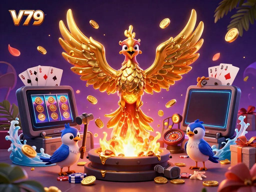 Experience the vibrant action of V79 with a magical phoenix and dynamic casino elements.