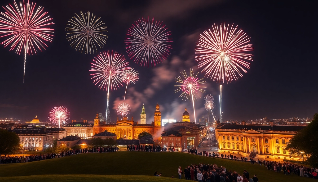Enjoy the dazzling Manchester fireworks illuminating the night sky at a city celebration.