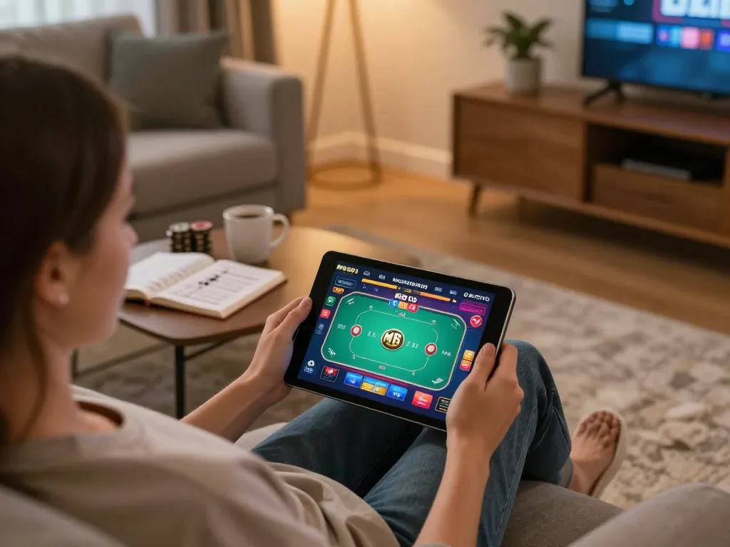 Player enjoying poker on MB 66's online casino app during cozy home gaming session