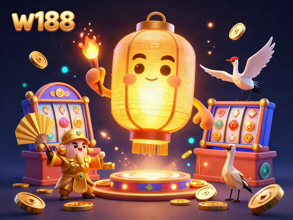 Experience the excitement of w188 with a vibrant casino scene featuring golden lanterns, slot machines, and dynamic characters.