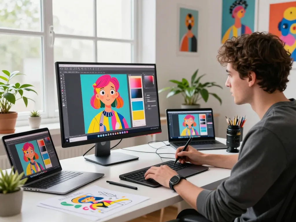 Dynamic graphic designer utilizing nano banana ai in a creative workspace filled with vibrant art and technology.