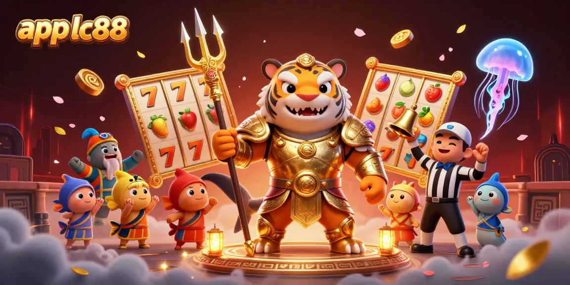 Engage with app lc88 in a vibrant 3D casino scene featuring a tiger shark and games.