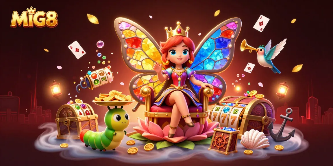 MIG8 features a stunning butterfly queen in a vibrant casino-themed scene, celebrating winnings with gold coins and slot reels.
